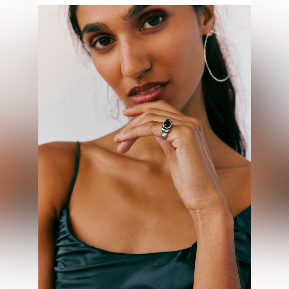 Free People Silver Band Ring with Black Stone